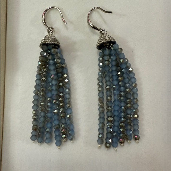Blue and Silver Tassel Earrings with Crystal Beads - Picture 2 of 2